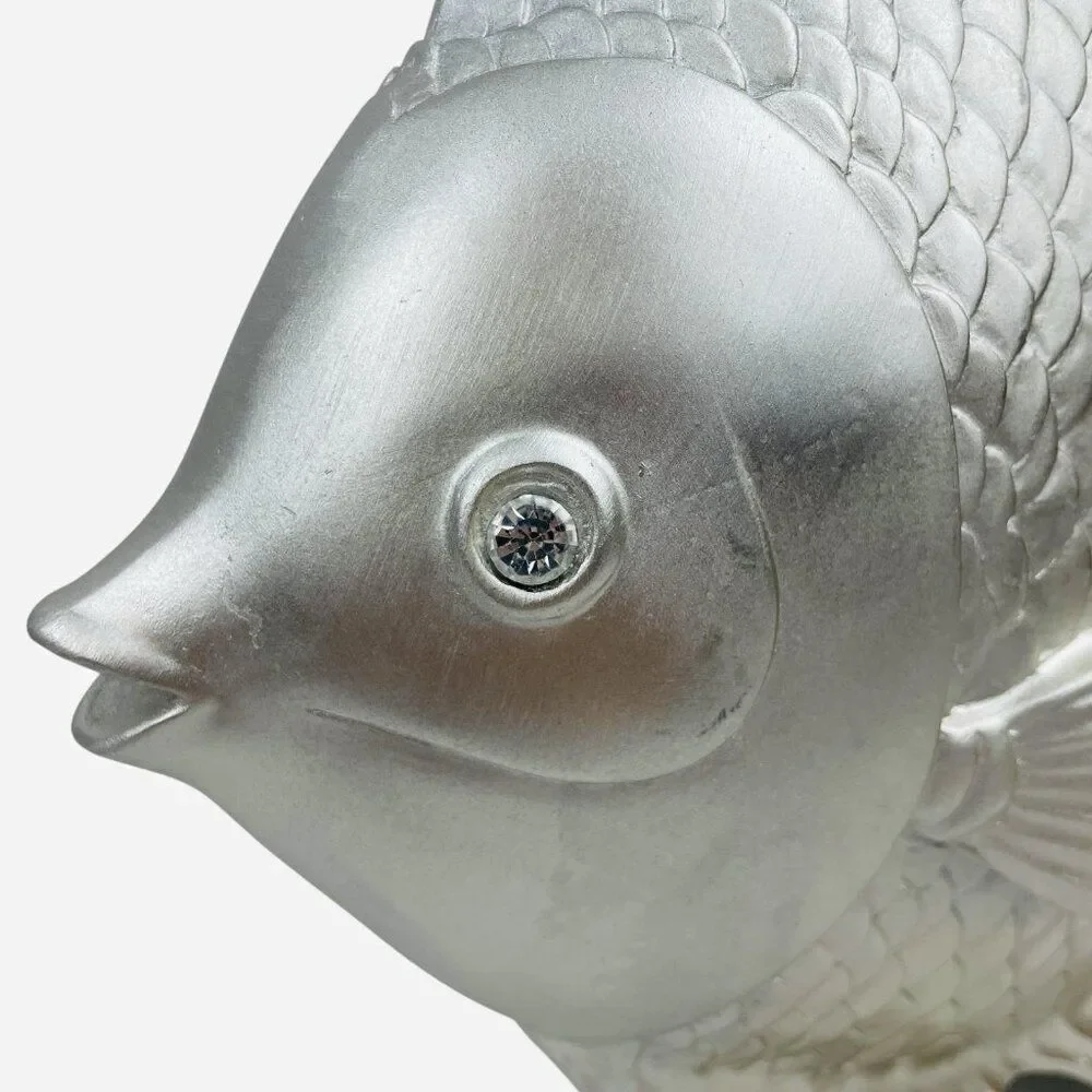 Large Silver Fantail Fish Resin Statue Jewel Rhinestone Eyes Sculpture Decor Art